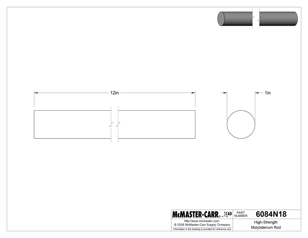 Technical Drawing of High-Strength Molybdenum Rod, 1" Diameter, 1 Foot Long.